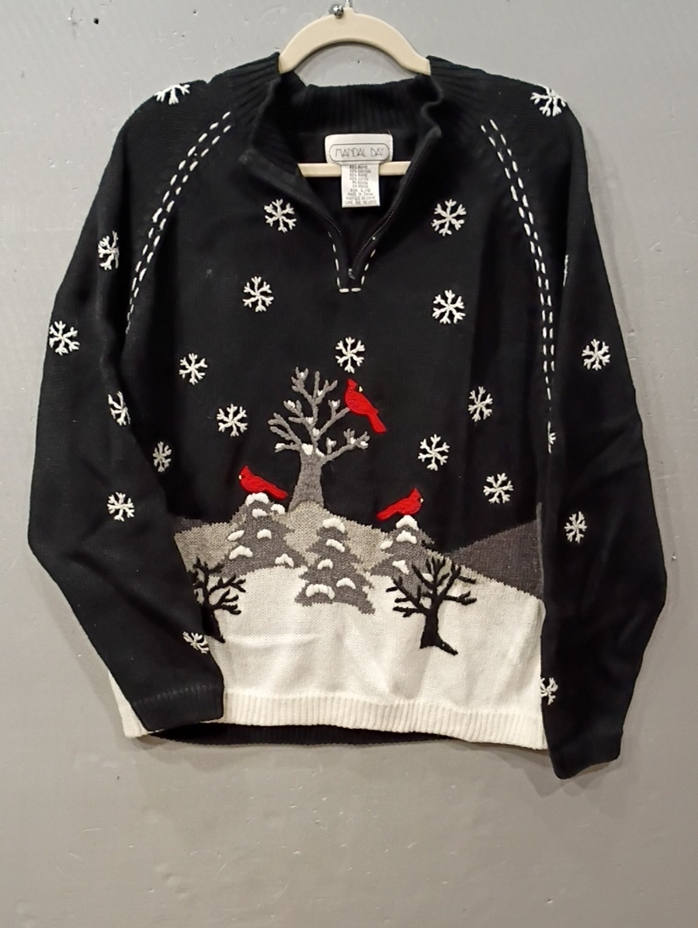 Mandal Bay Black White Winter Sweater with Red Cardinal